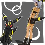 1girl animal_ears back bare_shoulders cosplay costume dark_skin lowres miniskirt moemon neon_trim personification pokemon pokemon_(game) pokemon_gsc ranphafranboise red_eyes silver_hair skirt solo tail tan tattoo tenjou_ryuka umbreon