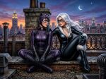  2_girls ai_generated black_cat black_cat_(marvel) black_hair bodysuit catwoman crazykings crossover dc dc_comics leather_clothing lesbian_couple marvel marvel_comics mask naughty_face naughty_smile stable_diffusion white_hair 