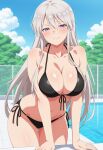  1girl ai_generated azur_lane big_breasts bikini black_bikini blush breasts cleavage enterprise_(azur_lane) female_only leaning_forward long_hair outdoor_pool outside pool poolside purple_eyes ship_girl smile solo_female vegaforge white_hair 