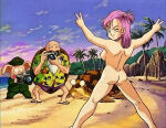 1girl 2boys ai-generated ai_generated ass beach breasts bulma bulma_(dragon_ball) camera completely_nude_female double_v dragon_ball:_the_path_to_power exhibitionism looking_back master_roshi muten_roushi nude_female older_male one_eye_closed oolong palm_tree pig_man public_nudity purple_hair sunrise teenage_girl toei_animation turtle
