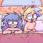  1girl after_sex bed bedroom_scene blaehine blue_hair blush cartoon chibi_style cute drake_mcqueen femdom humor male meme_reference messy_hair no_visible_genitalia nude oc ocs open_mouth original original_character original_characters shocked_expression smile surprised windy_boole 