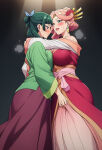 2_girls ai_generated big_breasts blue_eyes blush breasts_squeezed_together cyan_eyes drunk embarrassed fingering flower_in_hair gigantic_breasts green_hair gyokuyou_(kusuriya_no_hitorigoto) hair_bun hair_ornament hair_ribbon huge_breasts japanese_clothes kusuriya_no_hitorigoto light-skinned_female light_skin long_hair maomao_(kusuriya_no_hitorigoto) massive_breasts mature_female pigtails pink_hair squatting sweat sweatdrop thick_body thick_female voluptuous voluptuous_female yuri