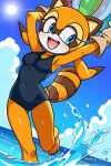   1girl black_one-piece_swimsuit black_swimsuit breasts cleavage female marine_the_raccoon medium_breasts one-piece_swimsuit prezer0 raccoon sega solo sonic_(series) sonic_rush_adventure swimsuit tagme