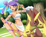 1girl :d animal_ears bare_shoulders blush brown_eyes bunny_ears double_bun double_buns female fighting_stance forest grass hair_ribbon happy highres leg_lift legs lopunny lowres midriff nature navel nintendo open_mouth panties pantyshot pantyshot_(standing) pokemoa pokemon pokemon_(game) pokemon_battle_revolution pose purple_hair purple_panties revealing_clothes ribbon ribbon_(pokemon) ribon_(pokemon) sashay sashay_(pokemon) short_hair skirt smile soara standing tree underwear upskirt white_skirt wristband