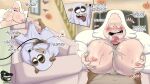 2025 artist_logo bara_tiddies big_penis blush blush boner brown_fur camsan_r_s cum cum_in_mouth cum_on_chest english_text flirting furry furry_male furry_only halloween halloween_costume halloween_decoration indoors pecjob playing_videogame raccoon regular_show rigby rigby_(regular_show) skips sweat white_fur yaoi yeti