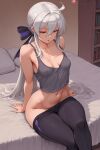 1girl 1girls 2025 ahoge ai_assisted ai_generated anime animeprds25 artist_name bare_shoulders black_pants bookshelf breasts clothes_pull collarbone covered_nipples crop_top crossed_legs hair_between_eyes high_quality high_res high_res high_resolution indoors long_hair medium_breasts navel no_bra no_panties on_bed pants pants_pull patreon_logo patreon_username red_eyes sitting stable_diffusion tank_top very_long_hair vocaloid watermark yoga_pants yowane_haku