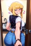  1boy 1girl ai_generated back_view backboob bare_thighs big_ass big_breasts blonde_hair blue_eyes blush dark-skinned_male dark_skin dc_comics fat_ass gigantic_ass huge_breasts huge_thighs interracial jean_shorts jeans kara_zor-el light-skinned_female light_skin looking_back massive_ass my_adventures_with_superman neetkle oiled_body oiled_skin short_hair squatting supergirl superman_(series) sweat sweatdrop thick_body thick_female thick_thighs thighs voluptuous voluptuous_female 