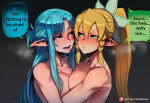 2_girls after_kiss artist_name asuna_(sao) asuna_(sao-alo) asuna_yuuki asymmetrical_bangs bangs big_breasts blonde_female blonde_hair blue_eyes blue_hair blush breast_press breasts cleavage collarbone completely_nude completely_nude_female couple duo elf english_text eye_contact eyebrows_visible_through_hair female_only friends green_eyes hair_between_eyes half-closed_eyes heroine high_ponytail hoorpy hoorpy_(artist) hugging indoors kirigaya_suguha leafa leafa_(sao) lesbian_sex light-skinned_female light_blue_hair light_skin long_hair looking_at_another love multiple_girls neck nude nude_female open_mouth parted_lips pointy_ears ponytail romantic romantic_couple round_teeth saliva saliva_trail sex sidelocks speech_bubble straight_hair suguha_kirigaya sweat sweating sword_art_online symmetrical_docking talking teeth text the_treasure_of_shared_desires tied_hair tongue tongue_out upper_body very_long_hair yuri yuuki_asuna