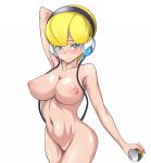 1girl 64_(xfour) arm_up belly blonde_hair blue_eyes blush breasts creatures_(company) elesa_(pokemon) erect_nipples female game_freak gym_leader hair headphones huge_breasts humans_of_pokemon kamitsure_(pokemon) large_breasts midriff navel nintendo nipples nude poke_ball pokemon pokemon_(anime) pokemon_(game) pokemon_black_2_&_white_2 pokemon_black_and_white pokemon_bw pokemon_bw2 purple_eyes short_hair solo