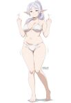 ai_generated bare_thighs barefoot big_breasts bikini cyan_eyes elf elf_ears elf_female frieren huge_breasts huge_thighs light-skinned_female light_skin lilabratt long_hair looking_at_viewer mature_female middle_finger plump ponytail solo_female sousou_no_frieren squatting sweat sweatdrop thick_body thick_female thick_thighs thighs voluptuous voluptuous_female white_hair