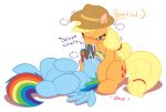  0r0ch1 applejack applejack_(mlp) bdsm blush cowboy_hat dialogue dildo double_dildo equine fellatio female friendship_is_magic green_eyes hat horse horsecock my_little_pony oral oral_sex pegasus penis pony rainbow_dash rainbow_hair saliva sex sex_toy simple_background white_background wings yuri 