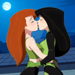 2_girls bare_arms bare_shoulders black_bodysuit black_hair black_lipstick black_pants bodysuit breasts brown_hair closed_eyes couple critadako disney duo female/female female_only full_moon gloves green_bodysuit green_gloves green_tank_top grey_gloves heroine hugging kim_possible kimberly_ann_possible kissing lips lipstick long_hair love makeup medium_breasts midriff moon multicolored_bodysuit multicolored_clothes multiple_girls mutual_yuri neck night night_sky outside pants rivals romantic romantic_couple shego skin_tight sky sleeveless straight_hair supervillainess tank_top teen teenage_girl two-tone_bodysuit villainess yuri