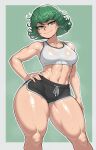  ai_generated athletic_female azurui bare_thighs big_breasts dolphin_shorts green_eyes green_hair huge_breasts huge_thighs light-skinned_female light_skin one-punch_man short_hair solo_female squatting sweat sweatdrop tank_top tatsumaki thick_body thick_female thick_thighs thick_thighs_save_lives thighs voluptuous voluptuous_female 