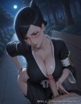 1boy 1girl ai_generated armband bench big_breasts black_eyes black_hair black_hakama black_kimono black_pants bleach blush breasts bush cleavage closed_mouth collarbone covered_nipples erection explicit full_moon glasses handjob hetero hip_vent ise_nanao japanese_clothes lips looking_at_penis male_pubic_hair moon night night_sky nyx_x outside penis pov precum pubic_hair short_hair solo_focus swept_bangs testicle tree uncensored veiny_penis