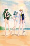  3_girls adult_swim anello81 aqua_hair beach bikini bishoujo_senshi_sailor_moon bishoujo_senshi_sailor_moon_r bishoujo_senshi_sailor_moon_s bishoujo_senshi_sailor_moon_s_the_movie bishoujo_senshi_sailor_moon_supers bishoujo_senshi_sailor_moon_supers_the_movie black_and_green_hair black_one-piece_bikini blonde_hair blue_bikini blue_one-piece_bikini cleavage green_hair hair_bun haruka_ten'ou high_res kaiou_michiru long_hair michiru_kaiou midriff multiple_girls one-piece_bikini outside parted_bangs parted_hair setsuna_meiou short_hair single_hair_bun small_breasts swept_bangs swimsuit teal_hair toei_animation toonami viz_media 