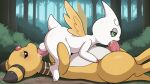  3_fingers 4k 69_position absurd_res ampharos anthro balls bandai_namco big_balls big_penis biped black_markings black_sclera bodily_fluids claws crossover cum cum_in_mouth cum_inside cum_on_belly cum_on_body cum_on_face cum_on_penis cupimon digimon digimon_(species) duo eyelashes fellatio finger_claws fingers forest generation_2_pokemon genital_fluids genitals green_eyes half-closed_eyes high_res holding_partner horn huge_penis long_tail looking_at_partner's_penis lying male markings narrowed_eyes nintendo on_back on_bottom on_top oral penile penis penis_in_mouth pink_claws plant pokemon pokemon_(species) sex short_tail tail tongue tongue_out tongue_out_fellatio tree white_body white_eyes wings yellow_body yellow_wings 