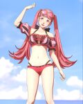  1girl 1girl beach bikini blue_sky cloud fire_emblem fire_emblem:_three_houses fire_emblem_heroes hilda_valentine_goneril looking_up nintendo overused23 pink_bikini pink_eyes pink_hair pink_swimsuit sky smile sunglasses sunglasses_on_head swimsuit twin_tails younger_female 