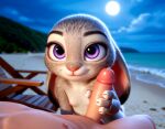 1boy 1girl ai-generated ai_generated beach cub disney ears_down erect_penis full_moon furry furry_female gray_fur grey_fur handjob judy_hopps looking_at_viewer male moon moonlight night night_sky penis_grab precum purple_eyes sky small_breasts smile zootopia