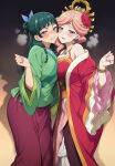 2_girls ai_generated bare_thighs big_breasts blue_eyes blush breasts_squeezed_together cyan_eyes embarrassed flower_in_hair gigantic_breasts green_hair gyokuyou_(kusuriya_no_hitorigoto) hair_bun hair_ornament hair_ribbon huge_breasts huge_thighs japanese_clothes kusuriya_no_hitorigoto light-skinned_female light_skin long_hair looking_at_viewer maomao_(kusuriya_no_hitorigoto) massive_breasts mature_female pigtails pink_hair squatting sweat sweatdrop thick_body thick_female thick_thighs thighs voluptuous voluptuous_female