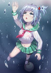  1girl 1girl :t air_bubble amasaki_nana asphyxiation ball_and_chain_restraint blue_hair breasts bubble commentary_request cracklecradle death drowning empty_eyes green_eyes green_skirt hair_bobbles hair_ornament heropin high_res holding_breath kneehighs long_sleeves medium_breasts midriff miniskirt mvv navel nipples open_mouth school_uniform see-through_clothes serafuku side_ponytail skirt socks underwater 