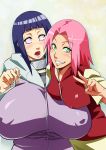 2girls big_breasts blue_hair breasts clothed clothing erect_nipples female female_only gigantic_breasts green_eyes hair hinata_hyuuga huge_breasts lipstick multiple_girls naruto naruto_shippuden nipple_bulge pink_eyes pink_hair sakura_haruno smile sunahara_wataru surprise surprised v