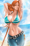  1girl beach big_breasts bikini brown_eyes bubble_butt cleavage horny inviting_to_sex looking_at_viewer nami nami_(one_piece) one_piece orange_hair pose standing swimsuit teasing thick_thighs wtparadise 