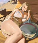  1girl beach big_breasts bikini blonde_hair blue_eyes bubble_butt cleavage emma_frost emma_frost_(marvel_rivals) emma_frost_(white_wave_queen) emma_frost_(x-revolution) horny inviting_to_sex laying laying_down marvel marvel_comics marvel_rivals mugi_(mugit49) pose swimsuit teasing thick_thighs x-men 