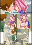 1boy 2girls breasts brown_eyes brown_hair comic dialogue digihentai digimon group_sex mimi_tachikawa mostly_nude movie_nights_at_tais orange_eyes orange_hair palcomix pink_eyes pink_hair sora_takenouchi tai_kamiya