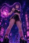  ai_generated bare_midriff black_choker black_clothing bracelet choker earring fishnets glowing_eyes hair_ornament latex latex_clothing looking_at_viewer looking_down miniskirt open_mouth original_character panties pink_eyes platform_heels purple_hair shiny_clothes smirk star_in_eye upskirt 