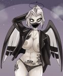  1girl 1girl 1girls abs amazon_prime angel angel_girl angel_wings areola areola big_breasts big_breasts biker_clothes biker_jacket bitterbunz black_halo black_jacket black_panties black_wings breasts cartoon erect_nipples face_covered face_mask feathered_wings female_focus female_only female_solo fit fit_female fitness halo hand_behind_head hand_on_head hazbin_hotel hazbin_hotel_(season_2) hellaverse jacket lute_(hazbin_hotel) masked masked_face masked_female necklace nipples panties partially_clothed short_hair shoulder_length_hair simple_background spindlehorse_toons standing standing_up tattoo tattoo_on_belly tattoo_on_chest tattoo_on_legs tattoos tattoos_everywhere thighs toned toned_belly toned_body toned_female toned_stomach twitter vivienne_medrano vivziepop white_hair wings yellow_eyes 