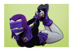  1girl blindfold bondage bound dc_comics female gag hogtie night-glare rachel_roth raven_(dc) solo teen_titans warner_brothers 