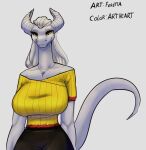  1girl anthro artheartink big_breasts dragon female_only feretta grey_skin huge_breasts mis&#039;alia non-mammal_breasts original reptile reptile_humanoid scalie sfw white_hair 