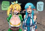  2_girls arms_behind_back artist_name asuna_(sao) asuna_(sao-alo) asuna_yuuki asymmetrical_bangs bangs big_breasts blonde_female blonde_hair blue_hair blush breasts cleavage closed_eyes couple duo elf english_text eyebrows_visible_through_hair female_only friends green_eyes hair_between_eyes happy head_tilt heart heroine high_ponytail hoorpy hoorpy_(artist) indoors kirigaya_suguha leafa leafa_(sao) light-skinned_female light_blue_hair light_skin long_hair looking_at_another love multiple_girls open_mouth pointy_ears ponytail romantic romantic_couple round_teeth side-by-side sidelocks speech_bubble spoken_heart straight_hair suguha_kirigaya sweat sweating sword_art_online talking teeth text the_treasure_of_shared_desires tied_hair very_long_hair walking yuri yuuki_asuna 