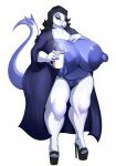 1girl big_ass big_breasts black_hair blue_skin coffee_cup glasses long_hair lugia m_jr_art mature_female milf platform_shoes posing seductive sexy tail thick thick_ass thick_legs white_skin