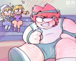 1boy 1boy2girls 1girl 2_girls annoyed_female big_guy blaehine blonde_female bottle boy bulge_through_clothing chubby curvy_female danais_mcqueen exercise fat_male flirting flirting_look flirty hairy_male haruki_teshigawara male male_focus messy_hair milk_teagarden oc ocs original original_character penis_visible_through_clothing plump red_hair sexy smile sports sports_uniform stretching stretching_legs sweat sweaty_body teen tusks water wet wet_clothes wet_pants