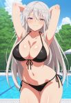 1girl ai_generated arms_behind_head azur_lane big_breasts bikini black_bikini blush breasts cleavage enterprise_(azur_lane) female_only long_hair outdoor_pool outside pool poolside purple_eyes ship_girl smile solo_female vegaforge white_hair