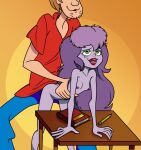  ahegao anus ass bent_over bent_over_desk bent_over_table blood blue_pants book breasts brown_hair dushon erect_nipples fang fangs ghoul_school grabbing_another's_waist green_eyes hairless_pussy long_hair makeup nipples nude orange_background pencil pleasure_face purple_hair purple_nipples purple_skin pussy red_lips red_lipstick red_shirt scooby-doo sex_from_behind shaggy shaggy_rogers sibella_dracula sidelocks tongue tongue_out two_tone_hair 