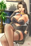  1girl ace_attorney attractive_look ayasato_chihiro big_breasts bra breasts brown_eyes brown_hair capcom chair cleavage crossed_legs curvy earrings female_only flirt hair hips horny huge_breasts jewelry kissing lace-top_stockings lace-trimmed_thighhighs legs_crossed lingerie lipstick long_hair mia_fey milf mole nipples office open_clothes open_shirt scarf shirt sitting stockings tenji underwear wide_hips 