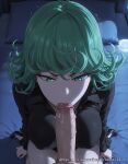  1boy 1girl ai_generated big_breasts black_dress black_footwear breasts collared_dress covered_nipples curly_hair dress erection explicit fellatio flipped_hair green_eyes green_hair gumroad_username hetero indoors kneel large_penis long_sleeves looking_at_penis nyx_x on_bed one-punch_man oral patreon_username penis pillow pov pov_crotch short_hair sitting solo_focus tatsumaki trembling twitching_penis uncensored veins veiny_penis 