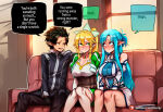 1boy 2_girls ? artist_name asuna_(sao) asuna_(sao-alo) asuna_yuuki asymmetrical_bangs bangs bare_legs big_breasts black_eyes black_hair blonde_female blonde_hair blue_eyes blue_hair blush breasts cleavage closed_mouth couch couple cousins duo duo_focus elf embarrassed english_text eye_contact eyebrows_visible_through_hair eyes_visible_through_hair friends green_eyes hair_between_eyes half-closed_eyes hero heroine high_ponytail hoorpy hoorpy_(artist) indoors kazuto_kirigaya kirigaya_kazuto kirigaya_suguha kirito kirito_(sao) knees_together_feet_apart leafa leafa_(sao) legs light-skinned_female light_blue_hair light_skin lineup long_hair looking_at_another love multiple_girls naughty_face on_couch open_mouth pointy_ears ponytail romantic romantic_couple round_teeth short_hair shy siblings sidelocks sitting sitting_on_couch smile speech_bubble straight_hair suguha_kirigaya sunset sweat sweatdrop sword_art_online talking teeth text the_treasure_of_shared_desires tied_hair trio very_long_hair window yuri yuuki_asuna