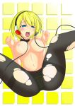 blonde_hair elesa kamitsure panties pantyhose pokemon porkyman short_hair spread_legs striped_panties torn_pantyhose