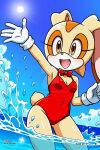 1girl aged_up bow breasts cleavage cream_the_rabbit female one-piece_swimsuit prezer0 rabbit red_one-piece_swimsuit red_swimsuit sega small_breasts solo sonic_(series) swimsuit tagme
