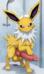  1girl 3_toes absurd_res ai_generated animal_genitalia balls bathing big_balls big_penis black_sclera eeveelution erection feet feral fur generation_1_pokemon genitals high_res huge_balls huge_penis jolteon knot knotted_penis long_ears looking_at_viewer male mouth_closed nintendo paws penis pokemon pokemon_(species) quadruped sheath shower showering smile smiling_at_viewer snout standing toes wet wet_body white_body white_eyes white_fur yellow_body yellow_fur yiff_ai_(director) 