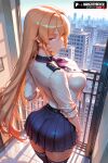 1girl 1girls 2025 ai_assisted ai_generated anime animeprds25 artist_name ass big_breasts blonde_hair blue_skirt blue_thighhighs breasts building city cityscape closed_mouth food_wars from_behind hair_between_eyes high_quality high_res high_resolution indoors long_hair long_sleeves looking_at_viewer looking_back nakiri_erina patreon_username pleated_skirt purple_eyes railing shirt shokugeki_no_souma skirt stable_diffusion stockings watermark white_shirt window zettai_ryouiki 