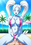 1boy 1girls ai_generated angel_girl beach big_breasts bikini blue_skin breasts cleavage cowgirl_position dragon_ball_super human_male legs_spread long_hair marcarita naked_male nipple_bulge nipples nude nude nude_male one-piece_swimsuit outside penis_in_pussy pink_bikini pink_one-piece_swimsuit pink_slingshot_swimsuit pov purple_eyes pussy_juice sex slingshot_swimsuit smile twin_tails vaginal_penetration white_hair