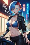 ai_generated bare_midriff bicolored_hair bikini bikini_top blue_eyes blue_hair choker cigarette cybernetics cyberpunk elf elf_ears elf_female leather_jacket looking_at_viewer neon neon_lights neon_trim night prosthesis red_hair short_hair smoking two_color_hair