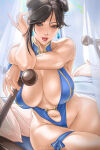  1girl big_breasts brown_eyes brown_hair bubble_butt chun-li cleavage horny inviting_to_sex looking_at_viewer on_bed pose sitting street_fighter teasing thick_thighs wtparadise 