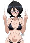 ai_generated athletic_female bikini black_hair bleach double_middle_finger kuchiki_rukia light-skinned_female light_skin lilabratt looking_at_viewer medium_breasts middle_finger motion_lines purple_eyes short_hair solo_female squatting sweat sweatdrop thick_body thick_female voluptuous voluptuous_female watermark