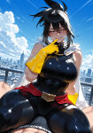 1boy1girl ai_generated bodysuit boku_no_hero_academia bulge city cityscape curvy curvy_female curvy_figure gilf grinding long_hair mature_female milf my_hero_academia nana_shimura superheroine