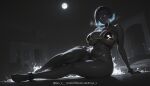  1girl 1girl ai_generated arm_support bangs bare_shoulders barefoot big_breasts bikini black_bikini bracelet breasts cleavage colored_skin dark-skinned_female dark_skin earrings full_body full_moon heart heart-shaped_pupils highleg_bikini huge_breasts jewelry looking_at_viewer mole moon navel night night_sky nyx_x purple_eyes sensitive short_hair sitting skindentation sky smile spiked_bracelet swimsuit symbol-shaped_pupils thick_thighs thighs water white_hair 